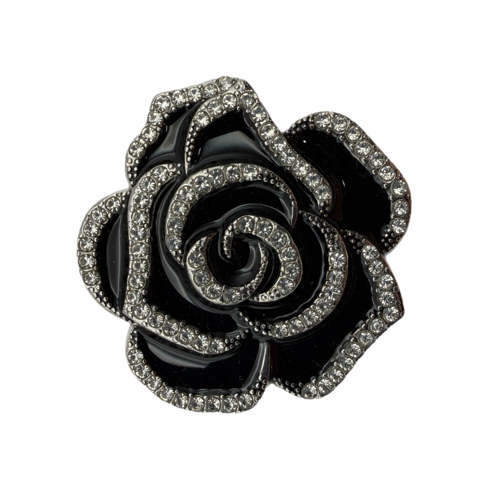 Black Enamel Rose Brooch Pin Silver Tone Rhinestone Floral Accessory